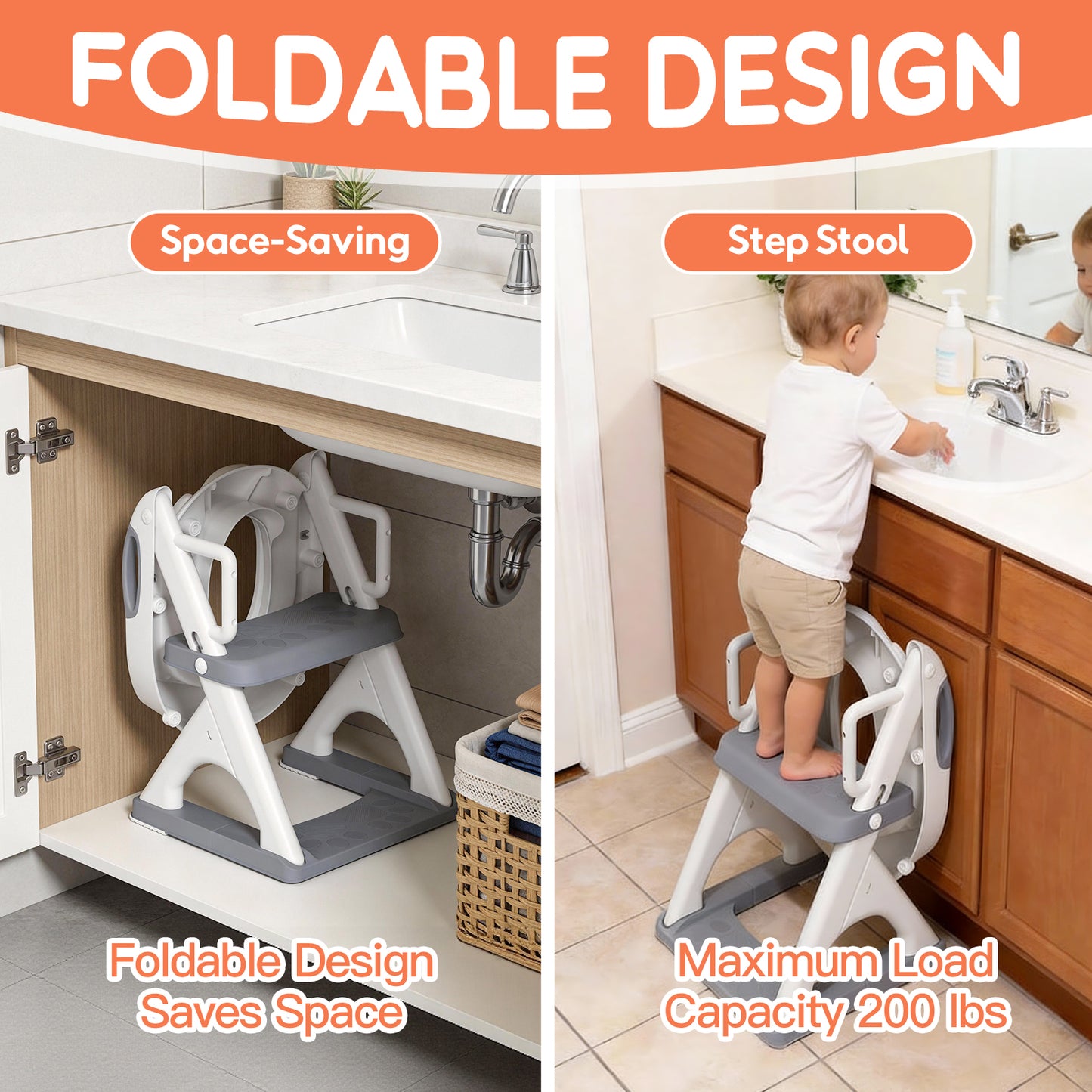8899Pro Grey 2 in 1 Potty Training Seat with Step Stool Ladder, Toddler Toilet Seat for Boys Girls, Adjustable 6 Heights Fits Round & Elongated Toilets, Anti-Slip Pads & Leak-Proof Guard