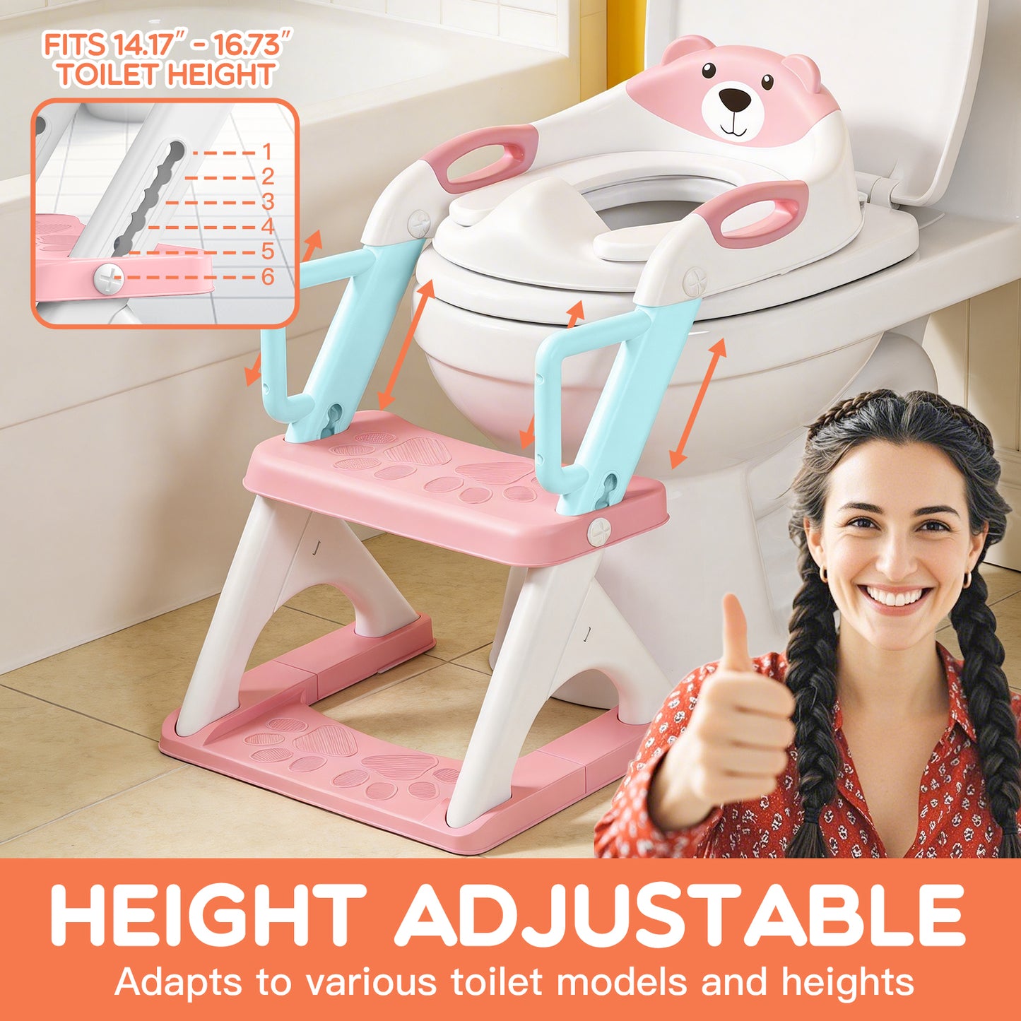 8899Pro Pink 2 in 1 Potty Training Seat with Step Stool Ladder, Toddler Toilet Seat for Boys Girls, Adjustable 6 Heights Fits Round & Elongated Toilets, Anti-Slip Pads & Leak-Proof Guard, Pink