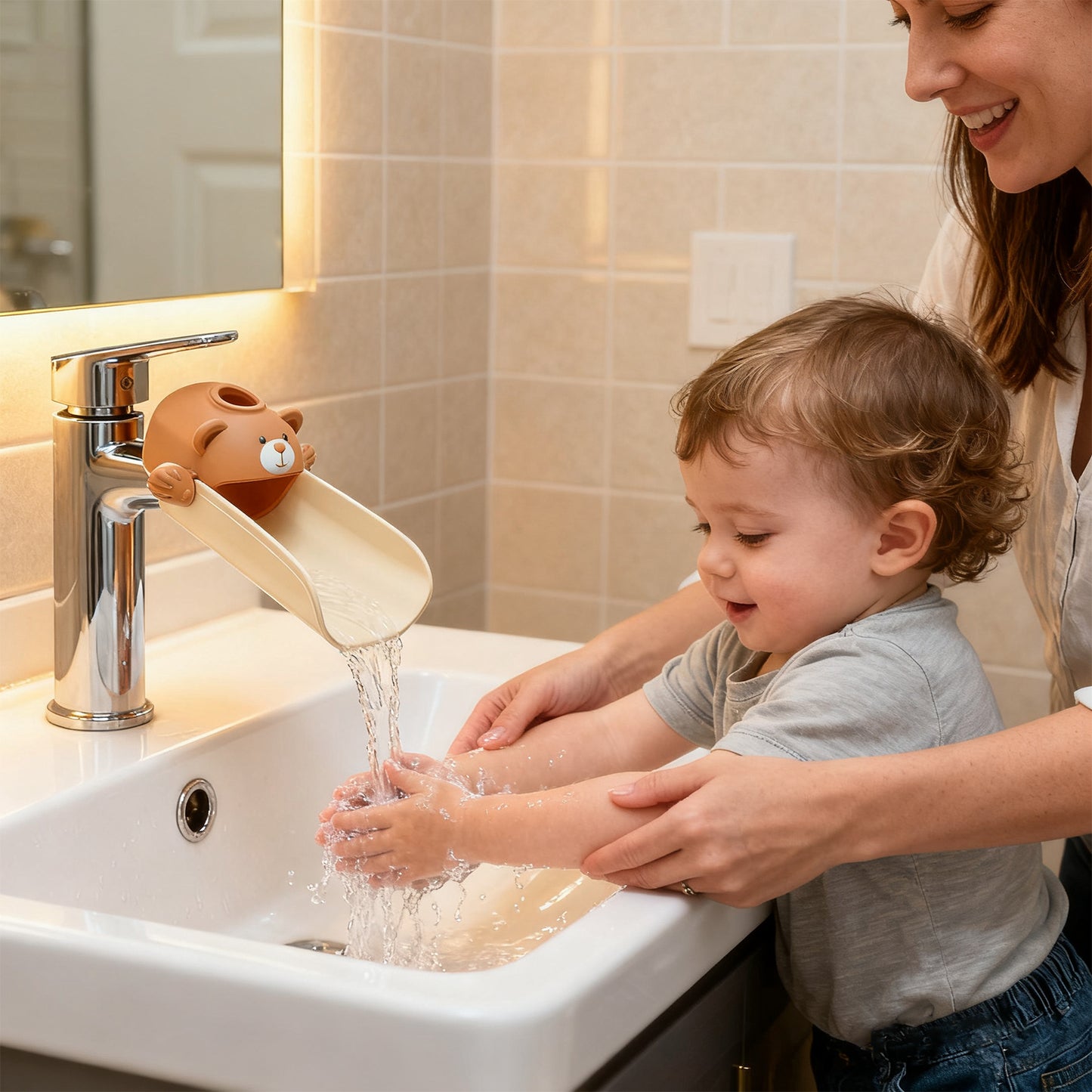 Skyroku Faucet Extender for Toddlers, Sink Extenders with Temperature Sensitive for Kids Hand Washing Sink Faucet Extension,Suitable for Bathroom Sink, Kitchen,Bathtub.(Brown) (Brown&Grey)