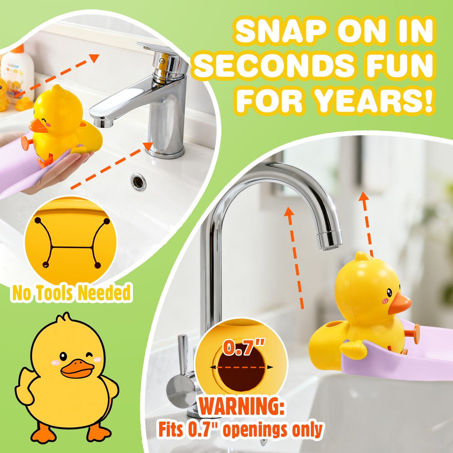 Skyroku Duck-Tastic Faucet Extender for Toddlers – Adjust to Kick (See Video) – Splash-Proof Sink Extender for Front-Facing Faucets Only – BPA-Free for Bathroom