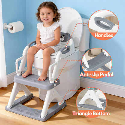 8899Pro Grey 2 in 1 Potty Training Seat with Step Stool Ladder, Toddler Toilet Seat for Boys Girls, Adjustable 6 Heights Fits Round & Elongated Toilets, Anti-Slip Pads & Leak-Proof Guard
