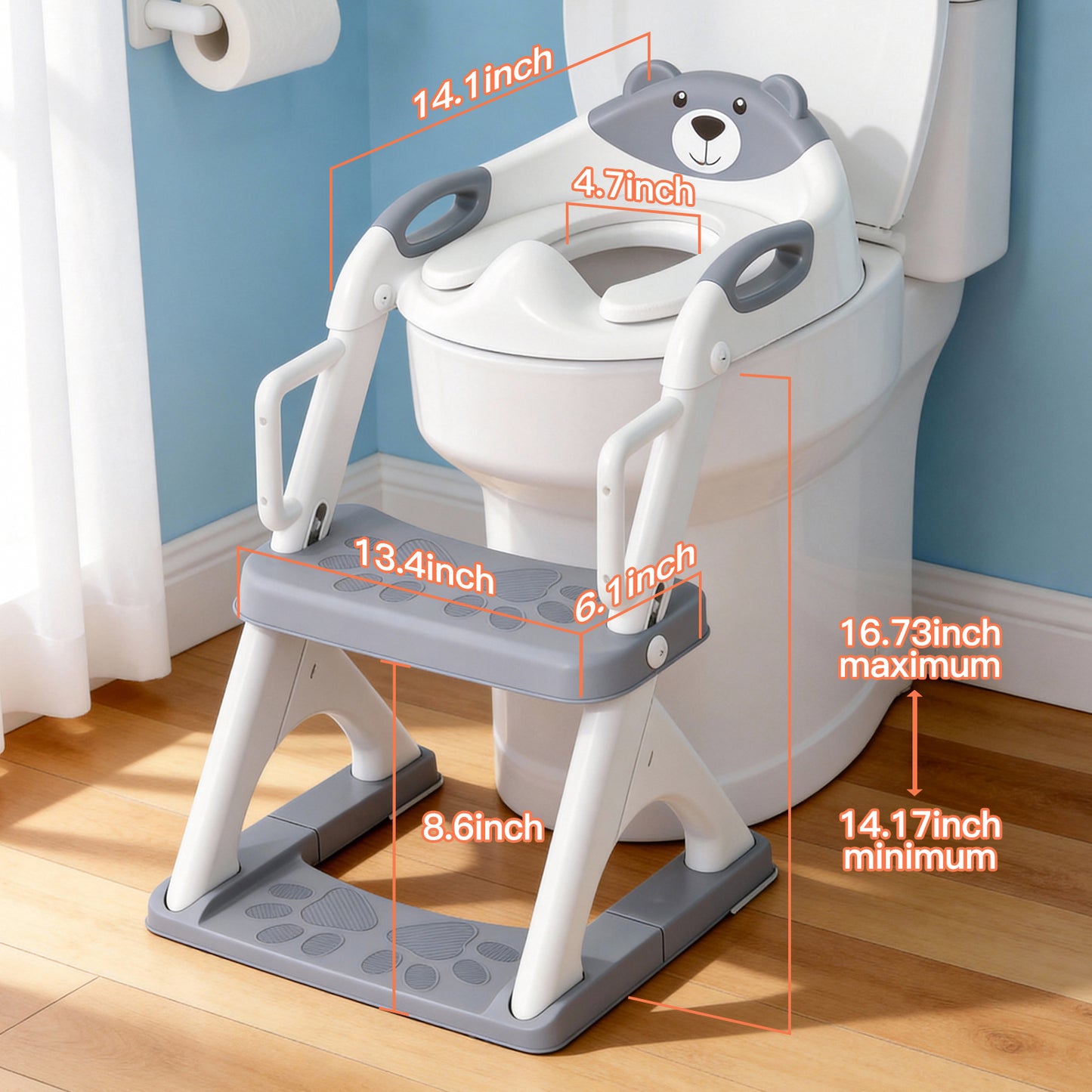 8899Pro Grey 2 in 1 Potty Training Seat with Step Stool Ladder, Toddler Toilet Seat for Boys Girls, Adjustable 6 Heights Fits Round & Elongated Toilets, Anti-Slip Pads & Leak-Proof Guard