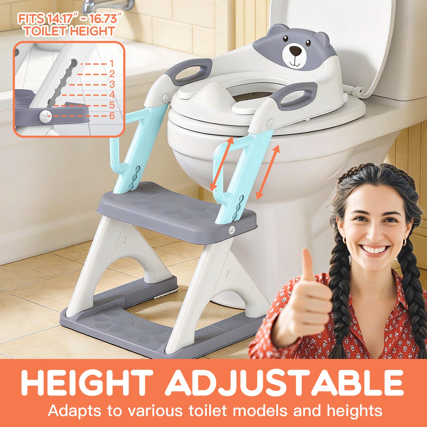 8899Pro Grey 2 in 1 Potty Training Seat with Step Stool Ladder, Toddler Toilet Seat for Boys Girls, Adjustable 6 Heights Fits Round & Elongated Toilets, Anti-Slip Pads & Leak-Proof Guard