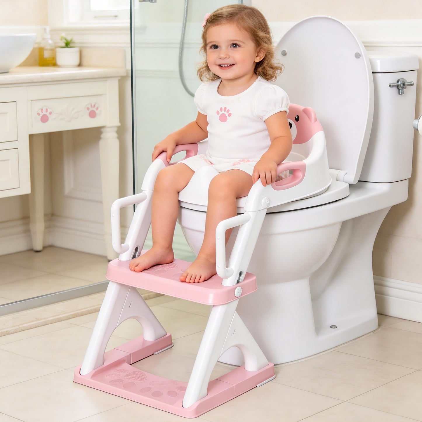 8899Pro Pink 2 in 1 Potty Training Seat with Step Stool Ladder, Toddler Toilet Seat for Boys Girls, Adjustable 6 Heights Fits Round & Elongated Toilets, Anti-Slip Pads & Leak-Proof Guard, Pink