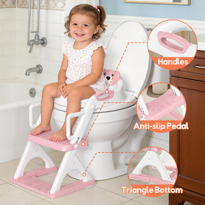 8899Pro Pink 2 in 1 Potty Training Seat with Step Stool Ladder, Toddler Toilet Seat for Boys Girls, Adjustable 6 Heights Fits Round & Elongated Toilets, Anti-Slip Pads & Leak-Proof Guard, Pink
