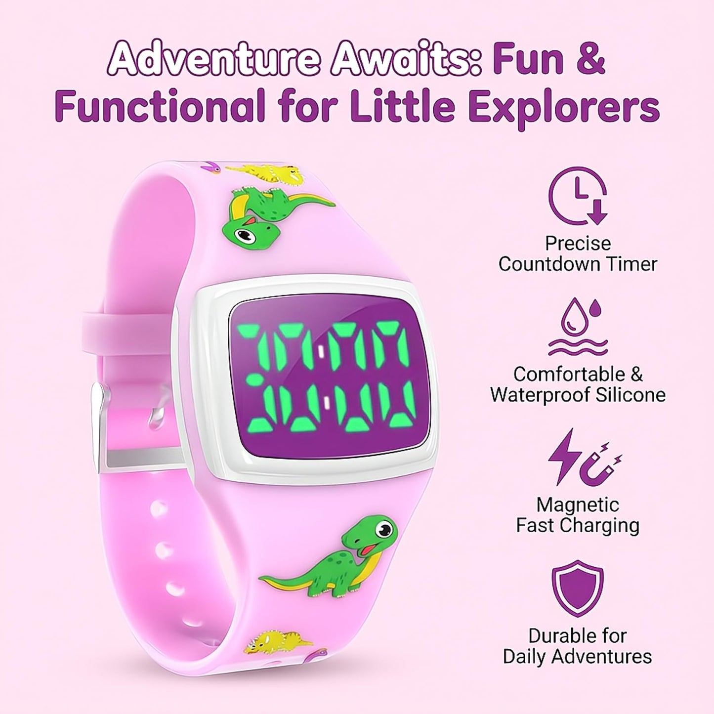 SKYROKU Potty Watch for Toddler Girls – Magnetic Charging, 5 Timing Modes, Ultra-Long Standby, Cute Dinosaur Pattern, Music & Flash Reminders, Silicone Strap, Large Dial for Easy Use