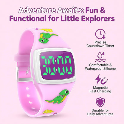 SKYROKU Potty Watch for Toddler Girls – Magnetic Charging, 5 Timing Modes, Ultra-Long Standby, Cute Dinosaur Pattern, Music & Flash Reminders, Silicone Strap, Large Dial for Easy Use