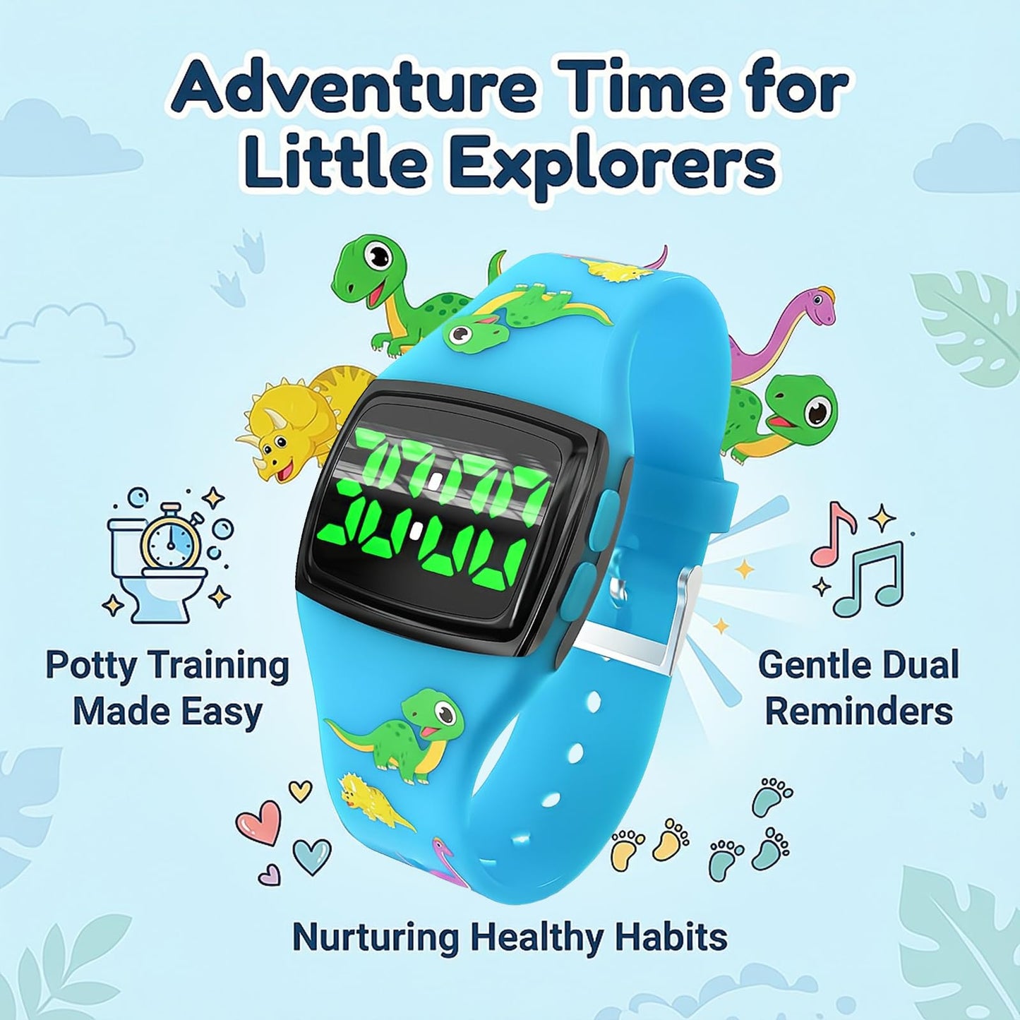SKYROKU Toddler Potty Training Watch – Magnetic Charging, 5 Timing Modes, Ultra-Long Standby, Cute Dinosaur Design, Music & Flash Reminders, Silicone Strap, Large Dial for Easy Use