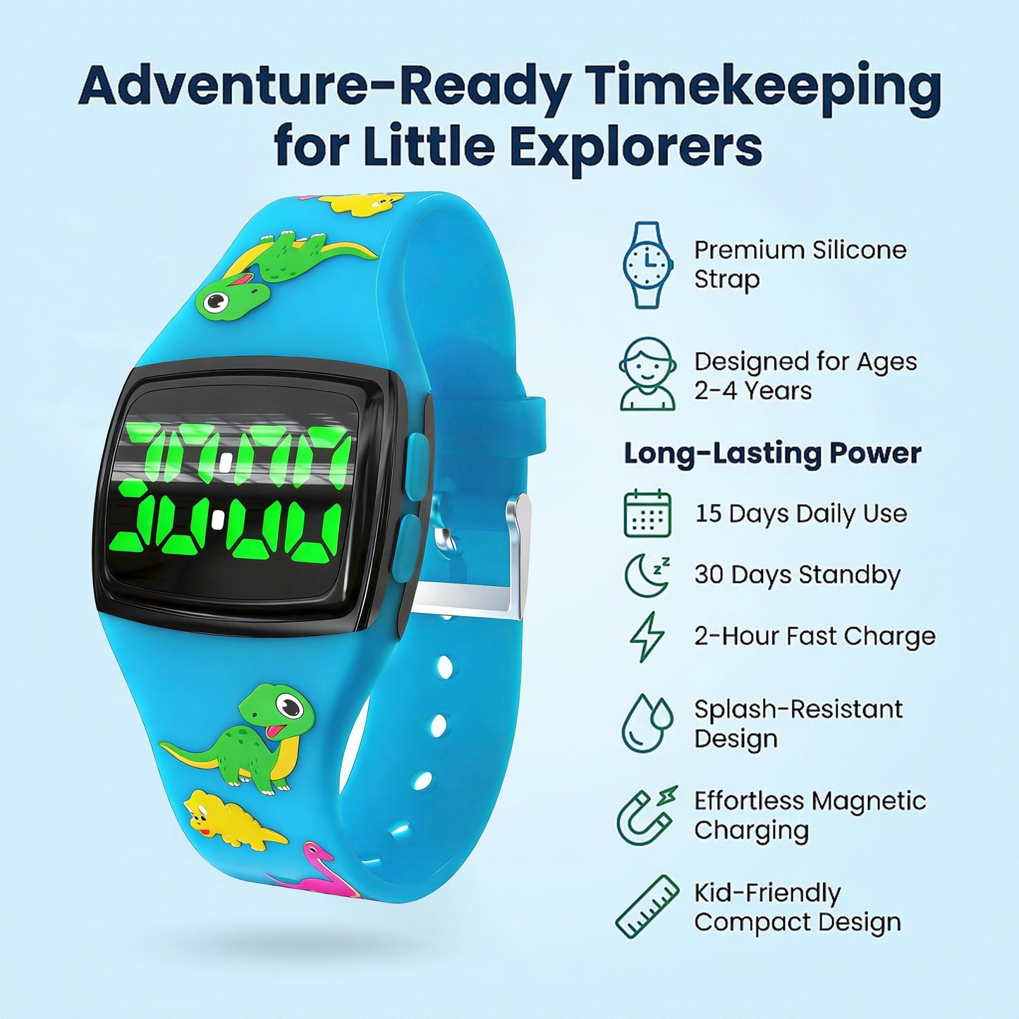 SKYROKU Toddler Potty Training Watch – Magnetic Charging, 5 Timing Modes, Ultra-Long Standby, Cute Dinosaur Design, Music & Flash Reminders, Silicone Strap, Large Dial for Easy Use