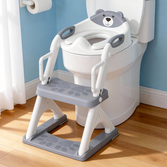 8899Pro Grey 2 in 1 Potty Training Seat with Step Stool Ladder, Toddler Toilet Seat for Boys Girls, Adjustable 6 Heights Fits Round & Elongated Toilets, Anti-Slip Pads & Leak-Proof Guard