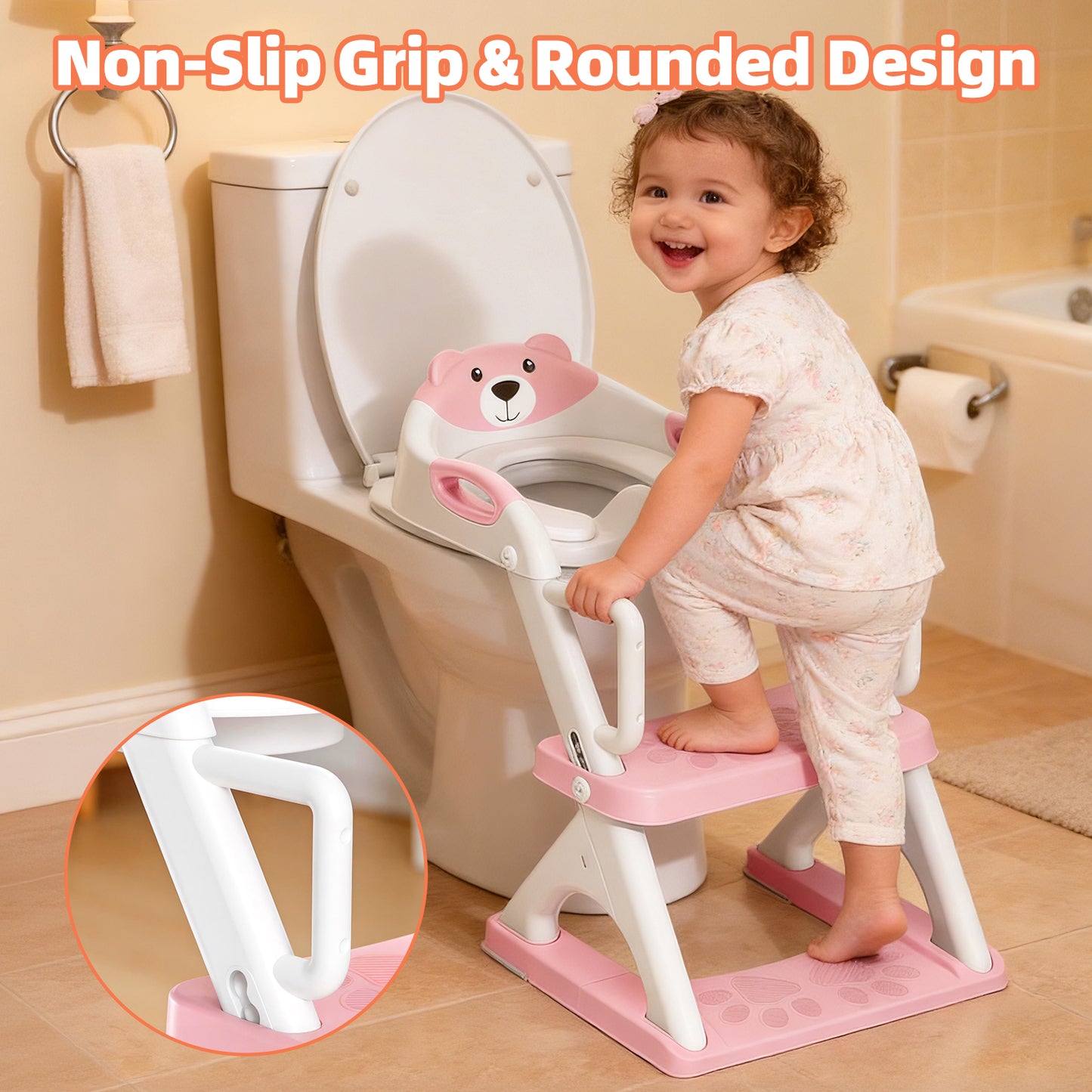 8899Pro Pink 2 in 1 Potty Training Seat with Step Stool Ladder, Toddler Toilet Seat for Boys Girls, Adjustable 6 Heights Fits Round & Elongated Toilets, Anti-Slip Pads & Leak-Proof Guard, Pink