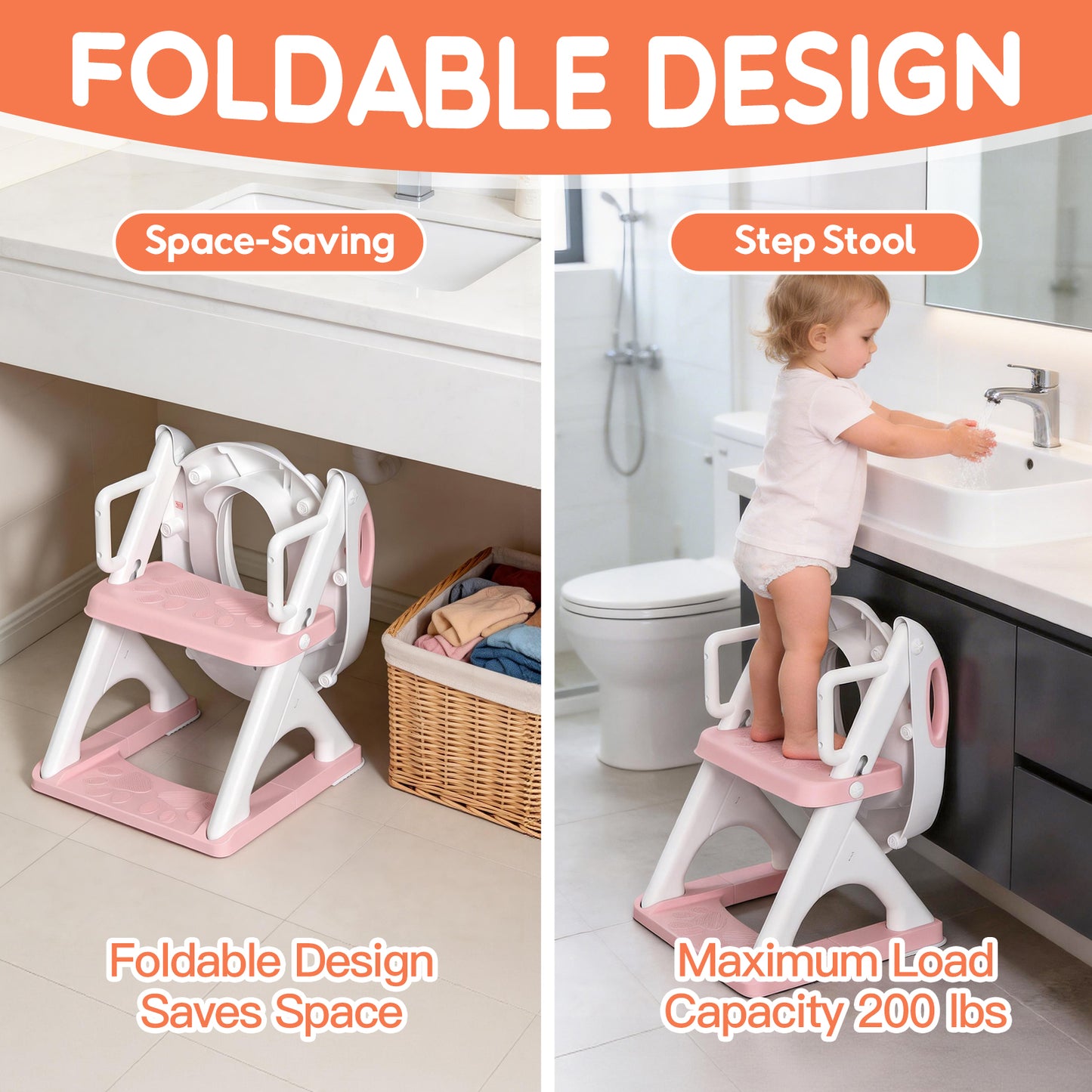8899Pro Pink 2 in 1 Potty Training Seat with Step Stool Ladder, Toddler Toilet Seat for Boys Girls, Adjustable 6 Heights Fits Round & Elongated Toilets, Anti-Slip Pads & Leak-Proof Guard, Pink