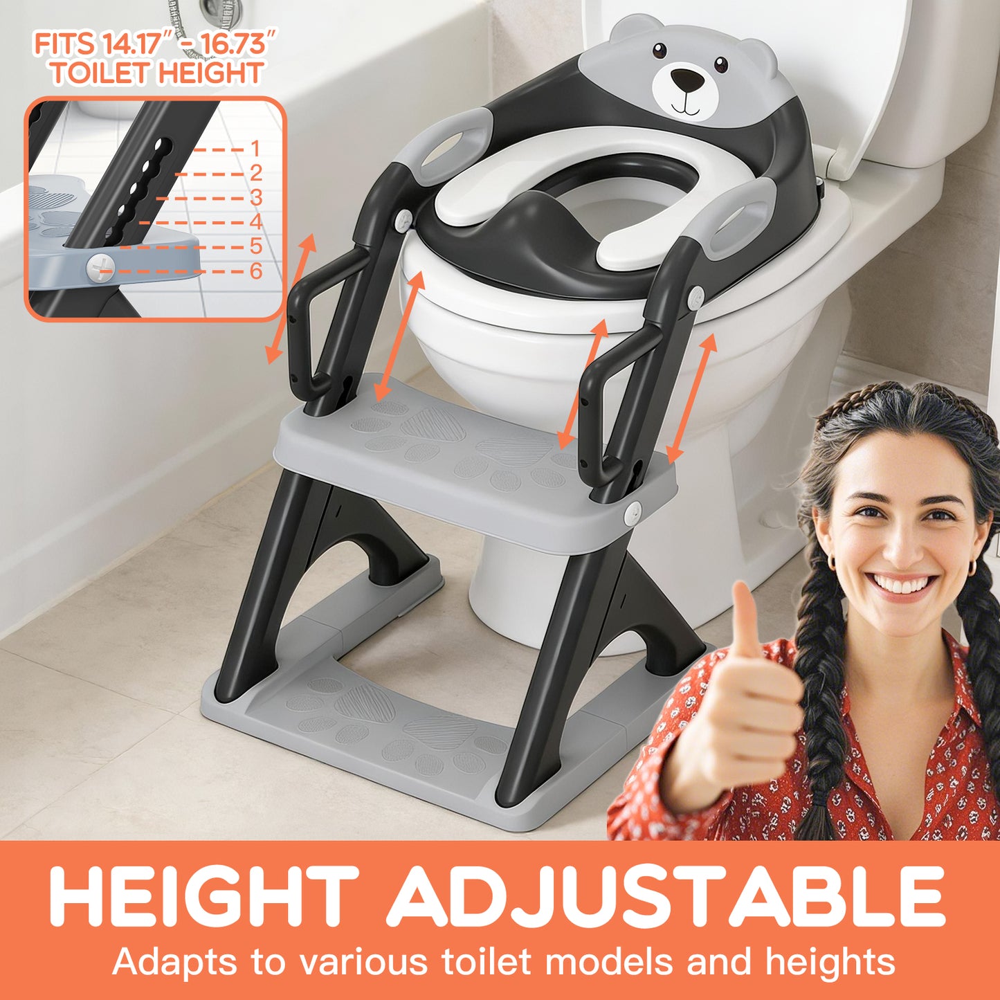 8899Pro Black 2 in 1 Potty Training Seat with Step Stool Ladder, Toddler Toilet Seat for Boys Girls, Adjustable 6 Heights Fits Round & Elongated Toilets, Anti-Slip Pads & Leak-Proof Guard (8899Pro-Black)