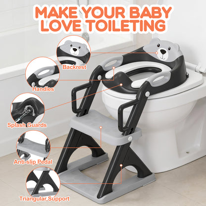 8899Pro Black 2 in 1 Potty Training Seat with Step Stool Ladder, Toddler Toilet Seat for Boys Girls, Adjustable 6 Heights Fits Round & Elongated Toilets, Anti-Slip Pads & Leak-Proof Guard (8899Pro-Black)