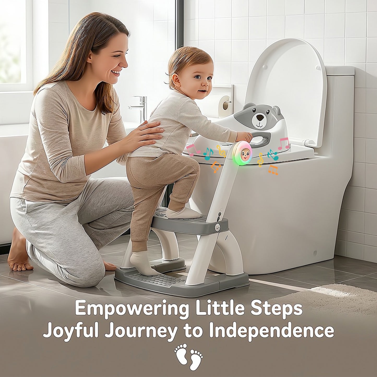 8898Music-Grey Potty Training Seat, SKYROKU Upgrade Toddler Toilet Seat for Kids Boys Girls, 2in1 Potty Training Toilet, New Sector-Shape Stabilized Base 8898Music-Grey