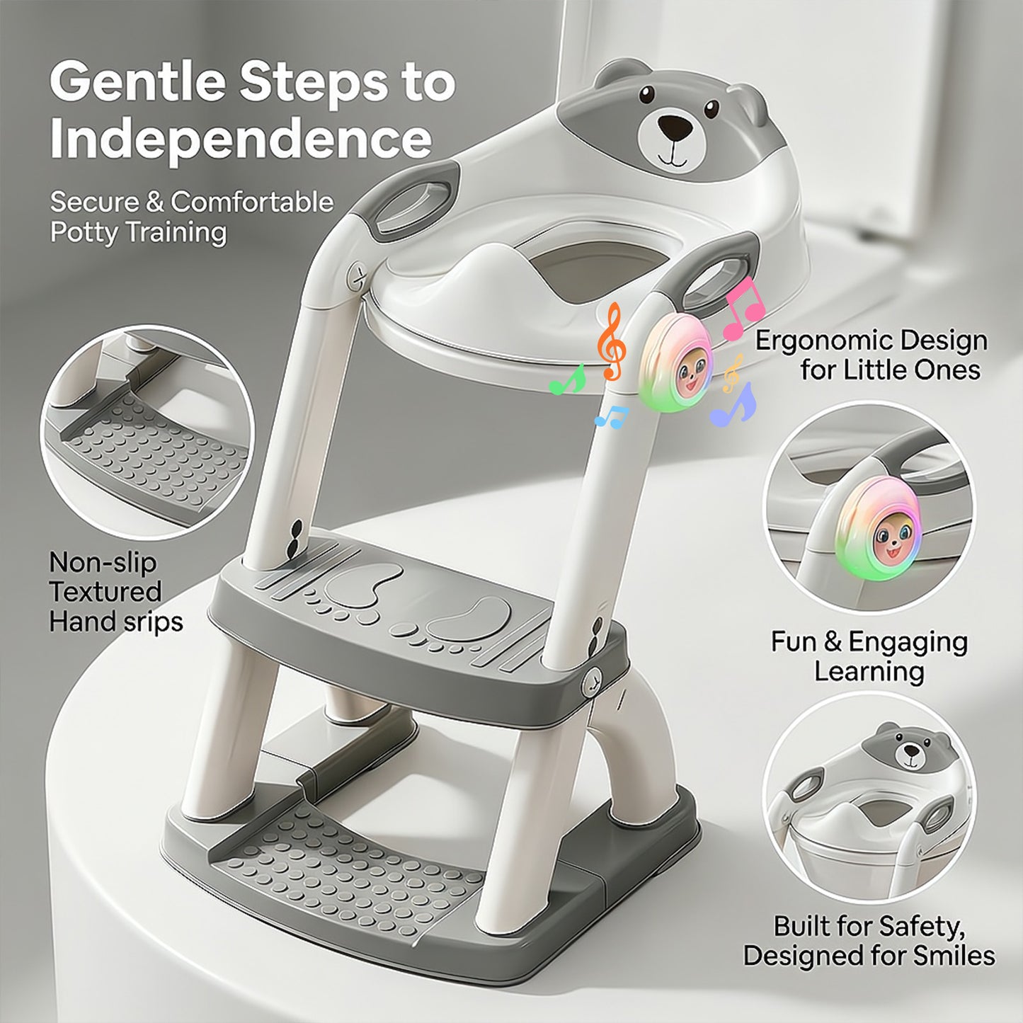8898Music-Grey Potty Training Seat, SKYROKU Upgrade Toddler Toilet Seat for Kids Boys Girls, 2in1 Potty Training Toilet, New Sector-Shape Stabilized Base 8898Music-Grey