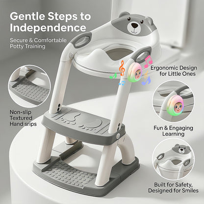 8898Music-Grey Potty Training Seat, SKYROKU Upgrade Toddler Toilet Seat for Kids Boys Girls, 2in1 Potty Training Toilet, New Sector-Shape Stabilized Base 8898Music-Grey