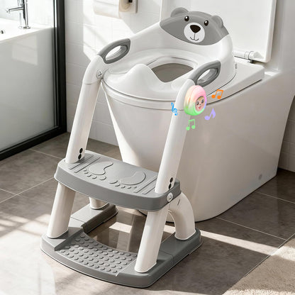8898Music-Grey Potty Training Seat, SKYROKU Upgrade Toddler Toilet Seat for Kids Boys Girls, 2in1 Potty Training Toilet, New Sector-Shape Stabilized Base 8898Music-Grey