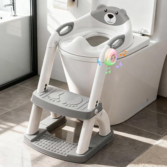 8898Music-Grey Potty Training Seat, SKYROKU Upgrade Toddler Toilet Seat for Kids Boys Girls, 2in1 Potty Training Toilet, New Sector-Shape Stabilized Base 8898Music-Grey