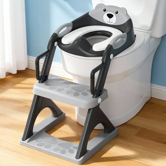 8899Pro Black 2 in 1 Potty Training Seat with Step Stool Ladder, Toddler Toilet Seat for Boys Girls, Adjustable 6 Heights Fits Round & Elongated Toilets, Anti-Slip Pads & Leak-Proof Guard (8899Pro-Black)
