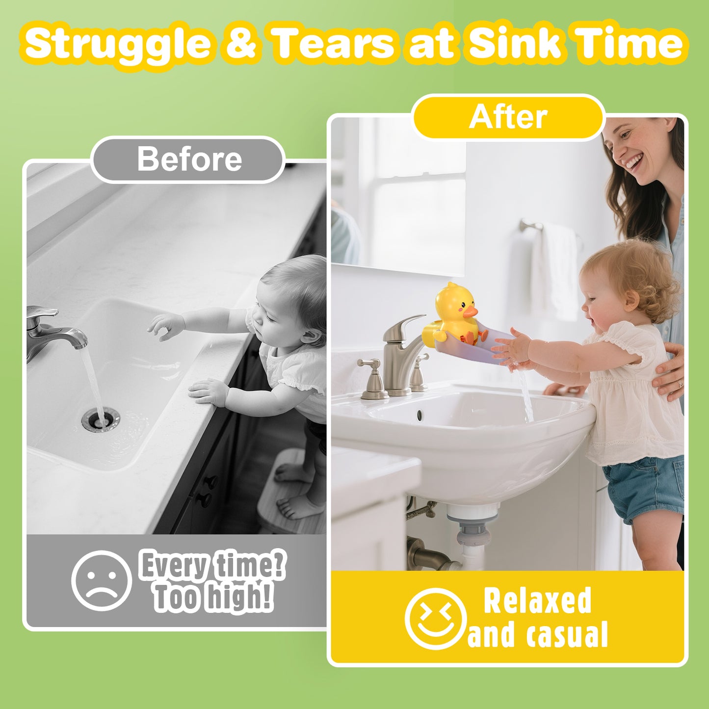Skyroku Duck-Tastic Faucet Extender for Toddlers – Adjust to Kick (See Video) – Splash-Proof Sink Extender for Front-Facing Faucets Only – BPA-Free for Bathroom